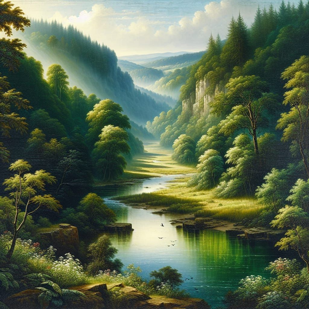 River Valley in Impressionist Oil Painting Style