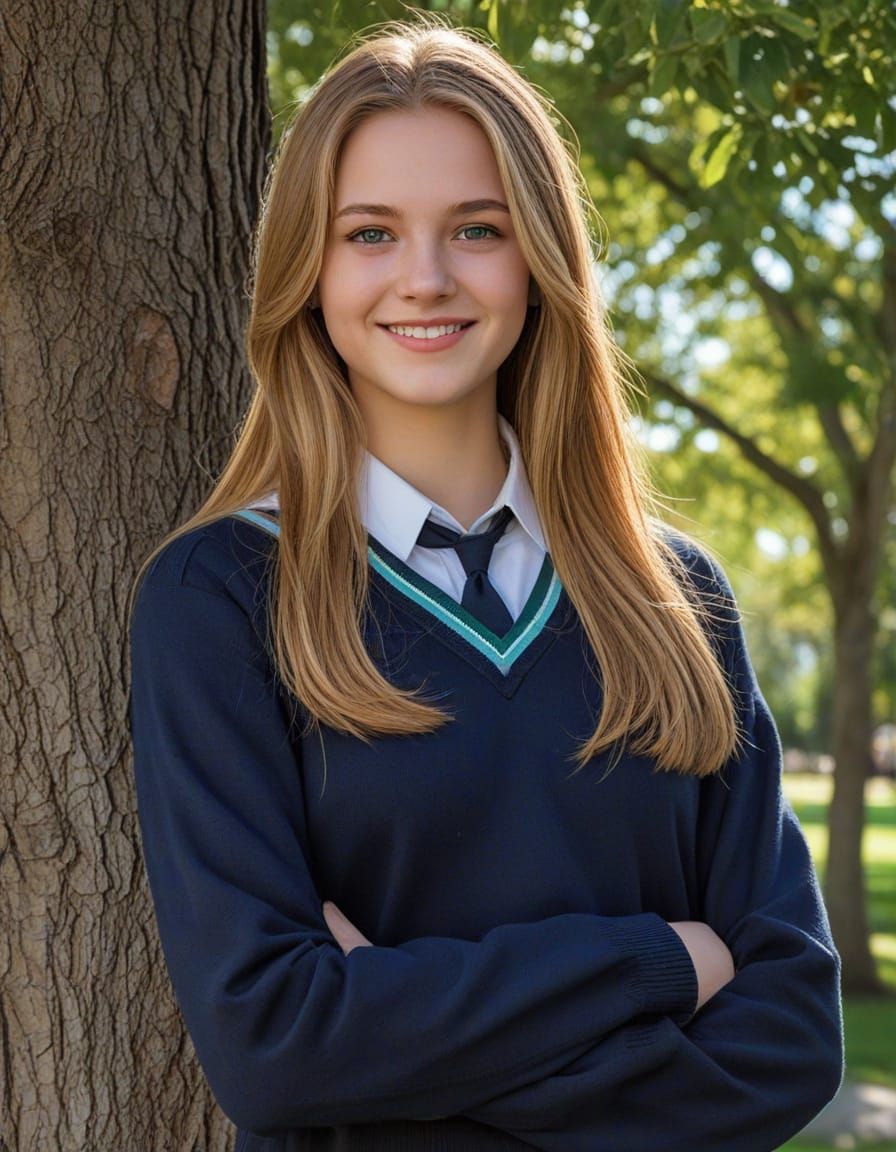 Catholic Schoolgirl in a Navy Blue Sweater Under a Tree