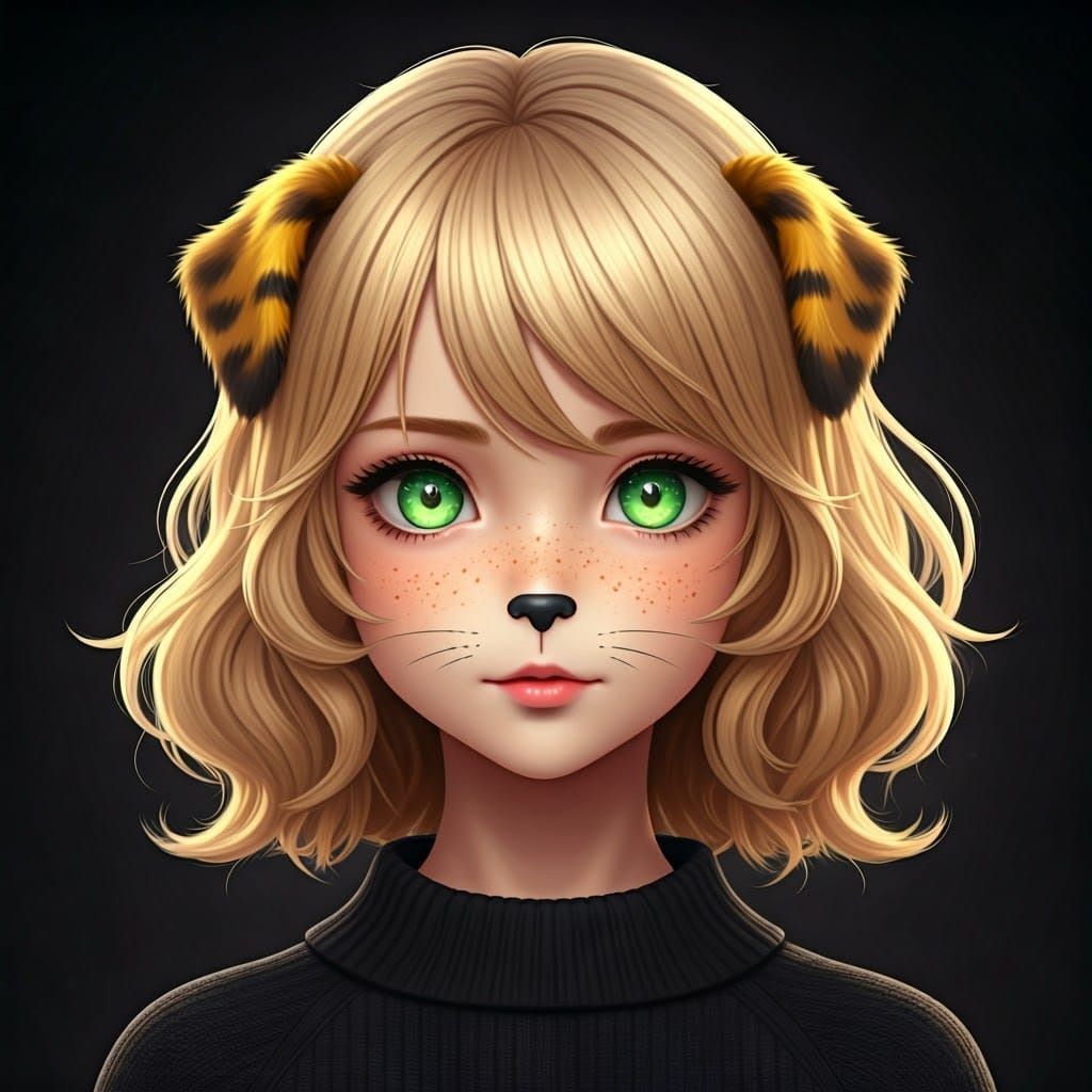 Anime-Inspired Girl with Striped Dog Ears and Glowing Green...