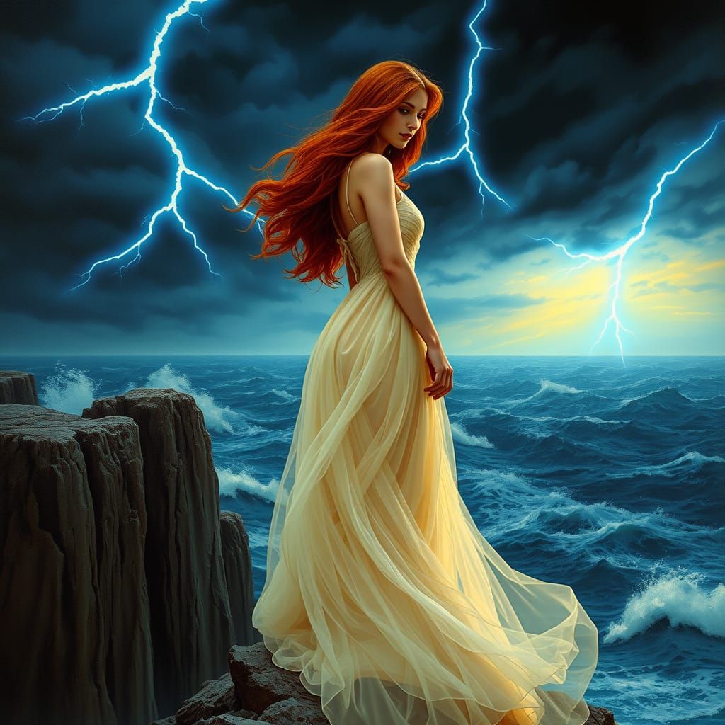 Auburn Beauty on Windswept Cliff: Pre-Raphaelite Portrait