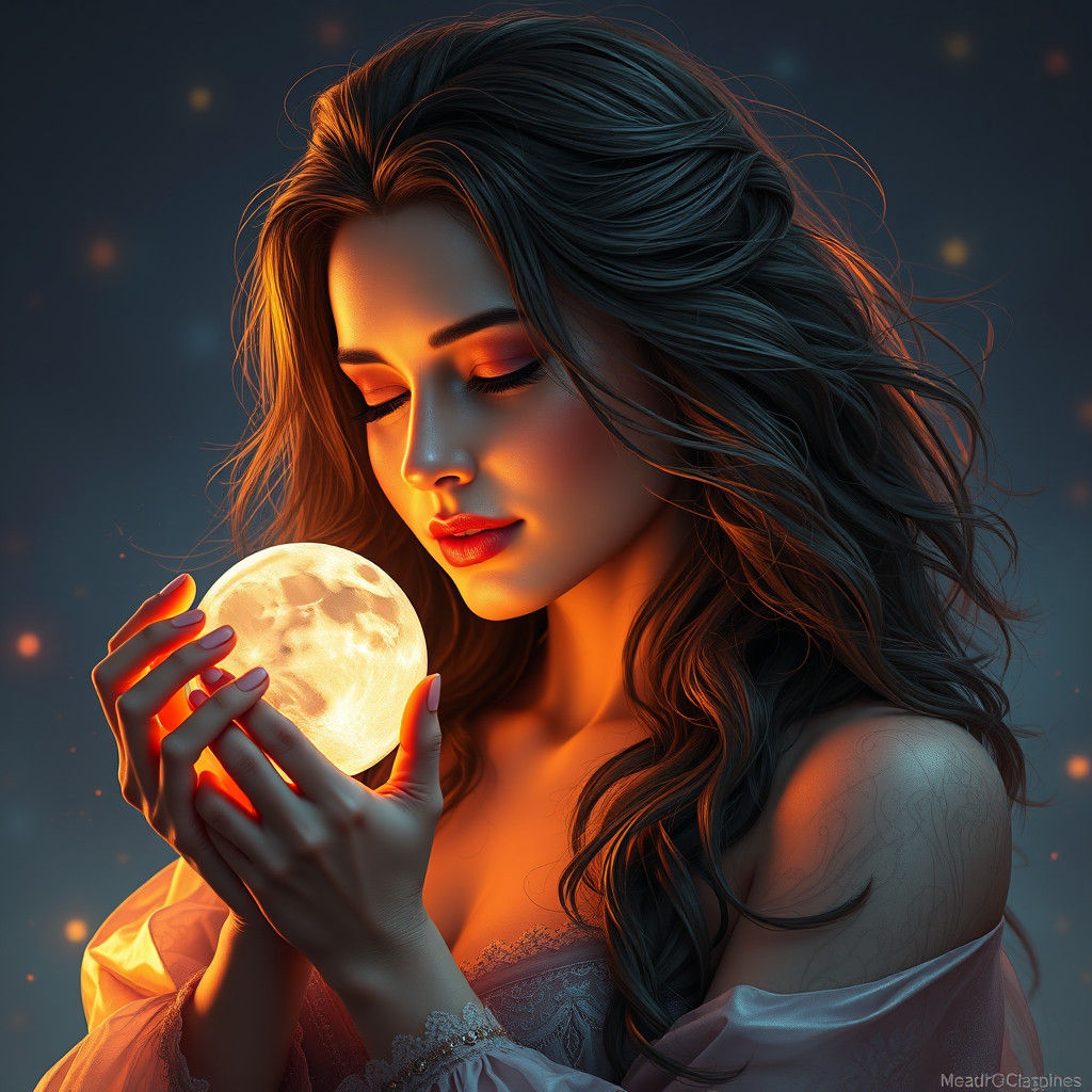 Woman Holds Moon: Art Nouveau Portrait