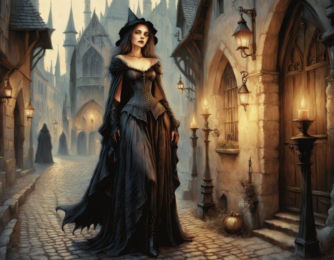 Tired Witch in Medieval Street, Luis Royo Style