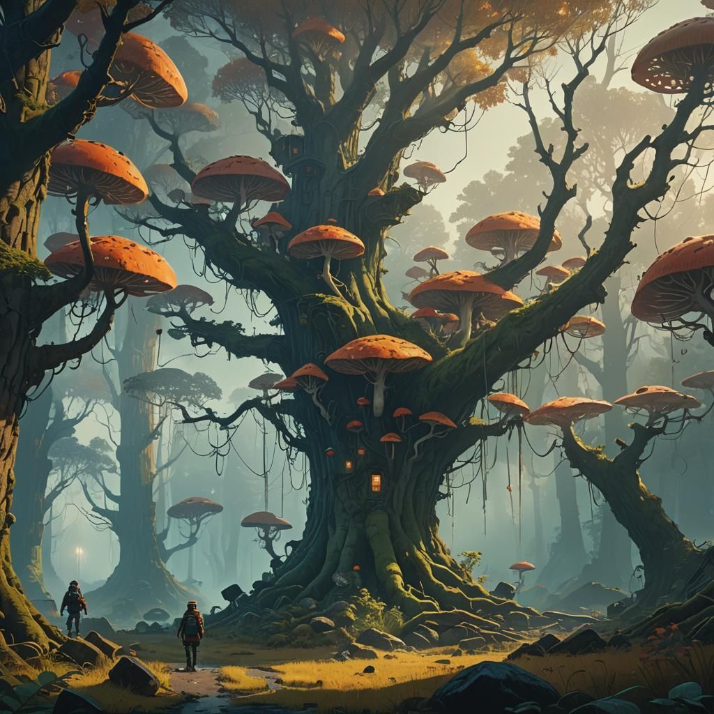 Ethereal Glowing Mushrooms in Misty Forest