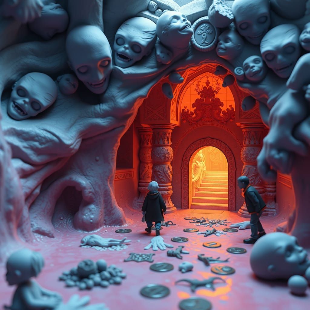 Little nightmares surreal, absurd massive dream liminal space with beutiful colors and shades , Ultra realistic, hyper r...