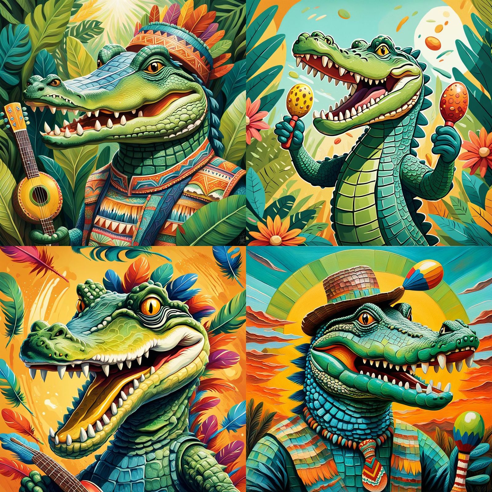 Vibrant Crocodile Musician with Feathery Head and Maracas
