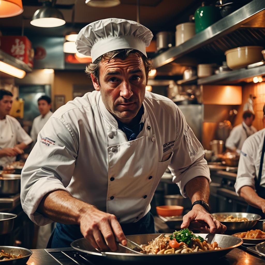 Chef in Restaurant Kitchen: Cinematic Film Still