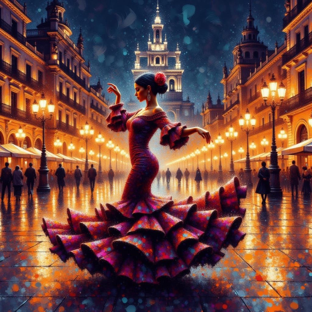 Cyberpunk Flamenco Dancer in Futuristic Nighttime Scene