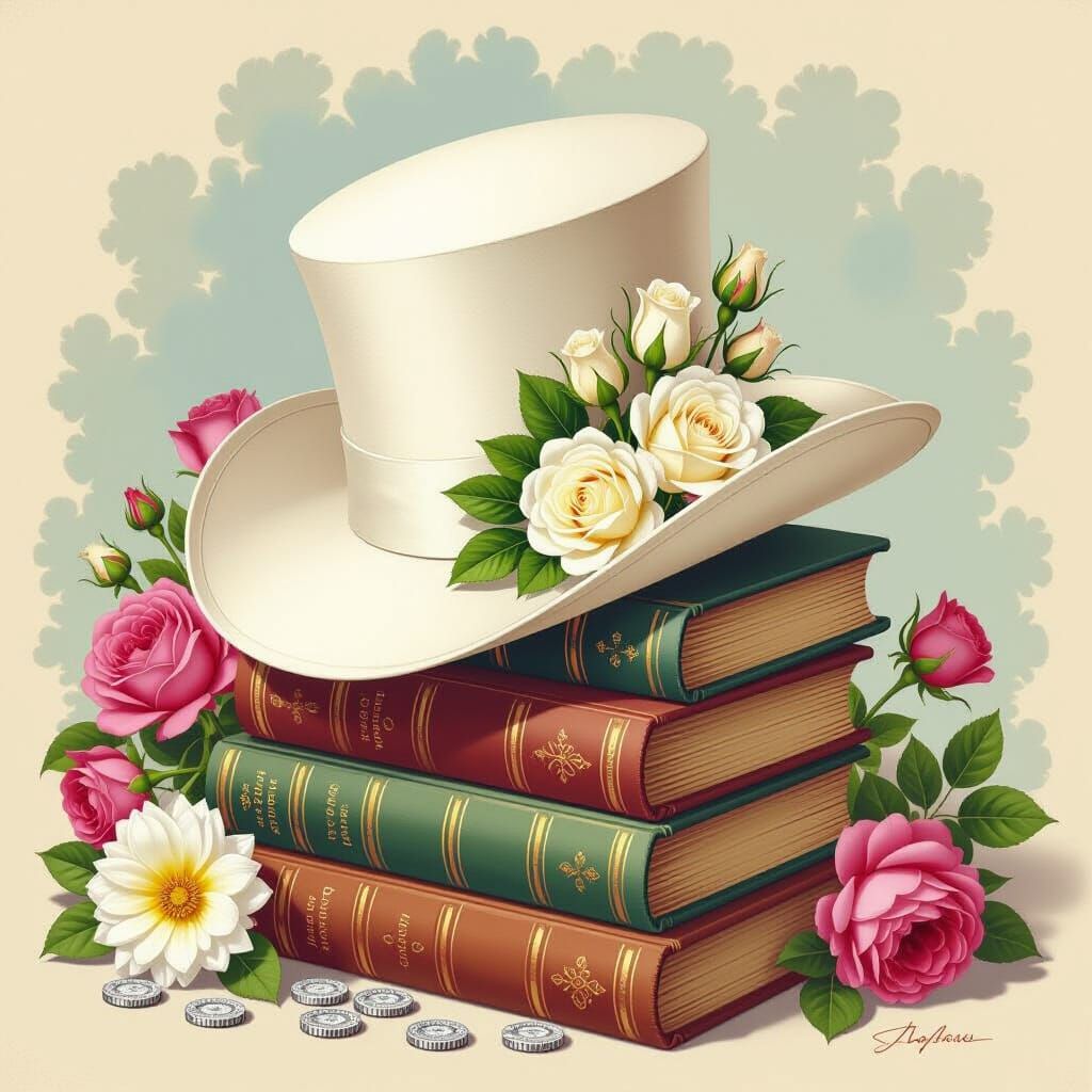 Vintage White Top Hat with Roses on Books and Flowers