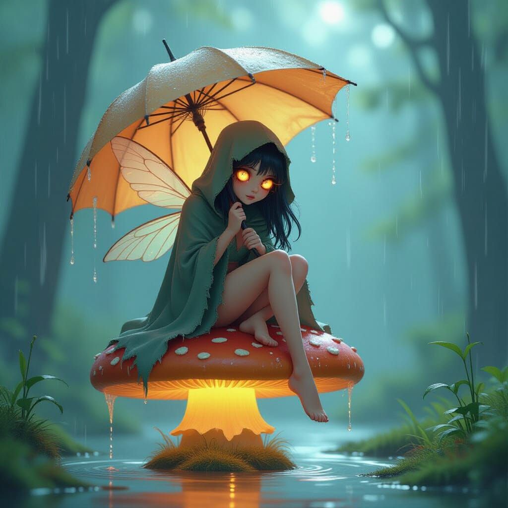 Fairy in Rain with Umbrella in Whimsical Style