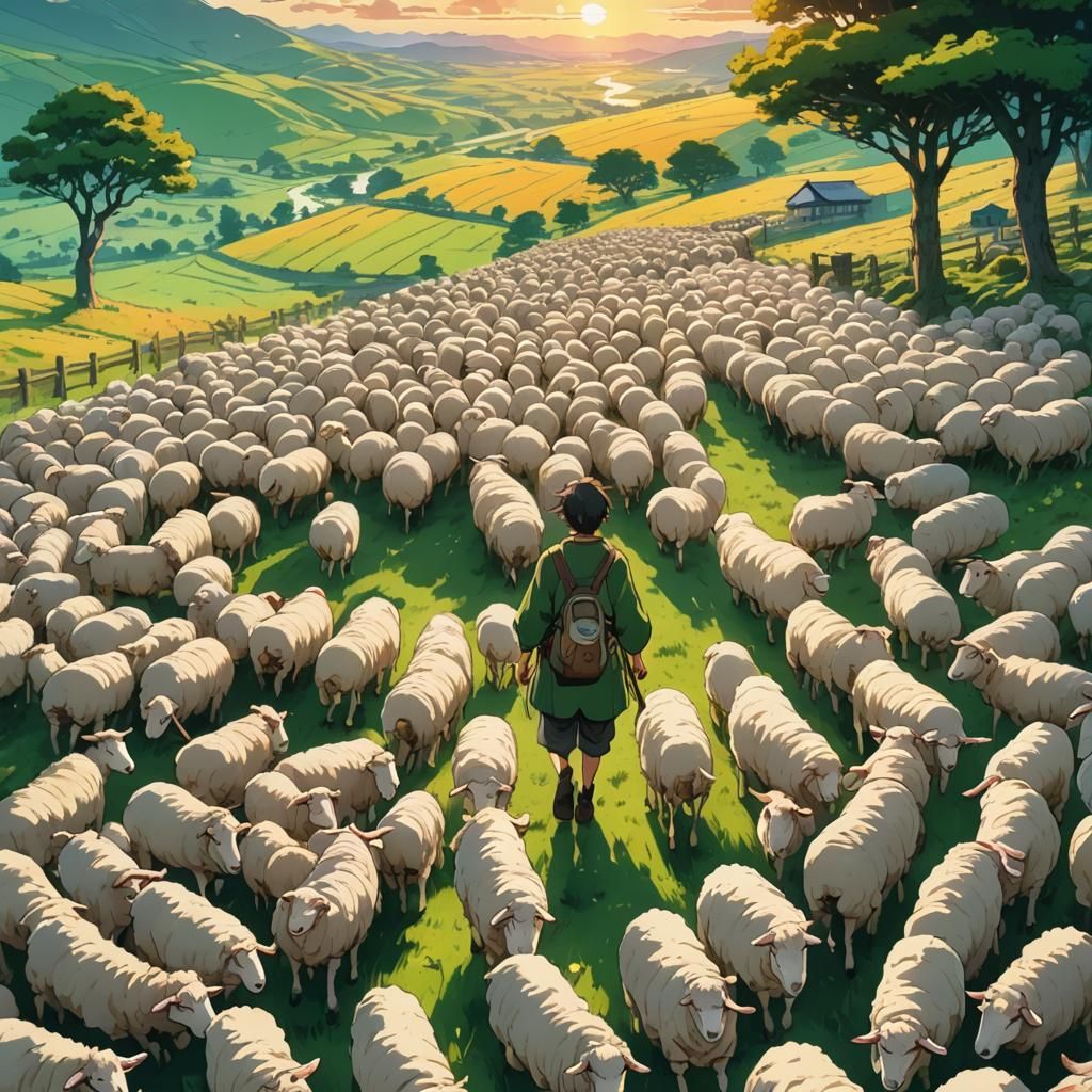 Serene Shepherd Guiding Golden Flock at Sunset