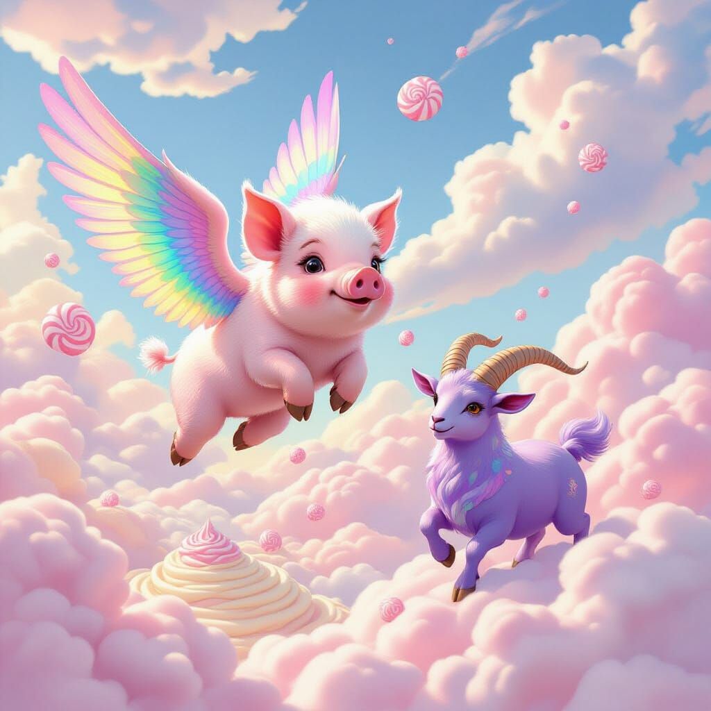 Rainbow Piglet and Two-Headed Goat in Flight