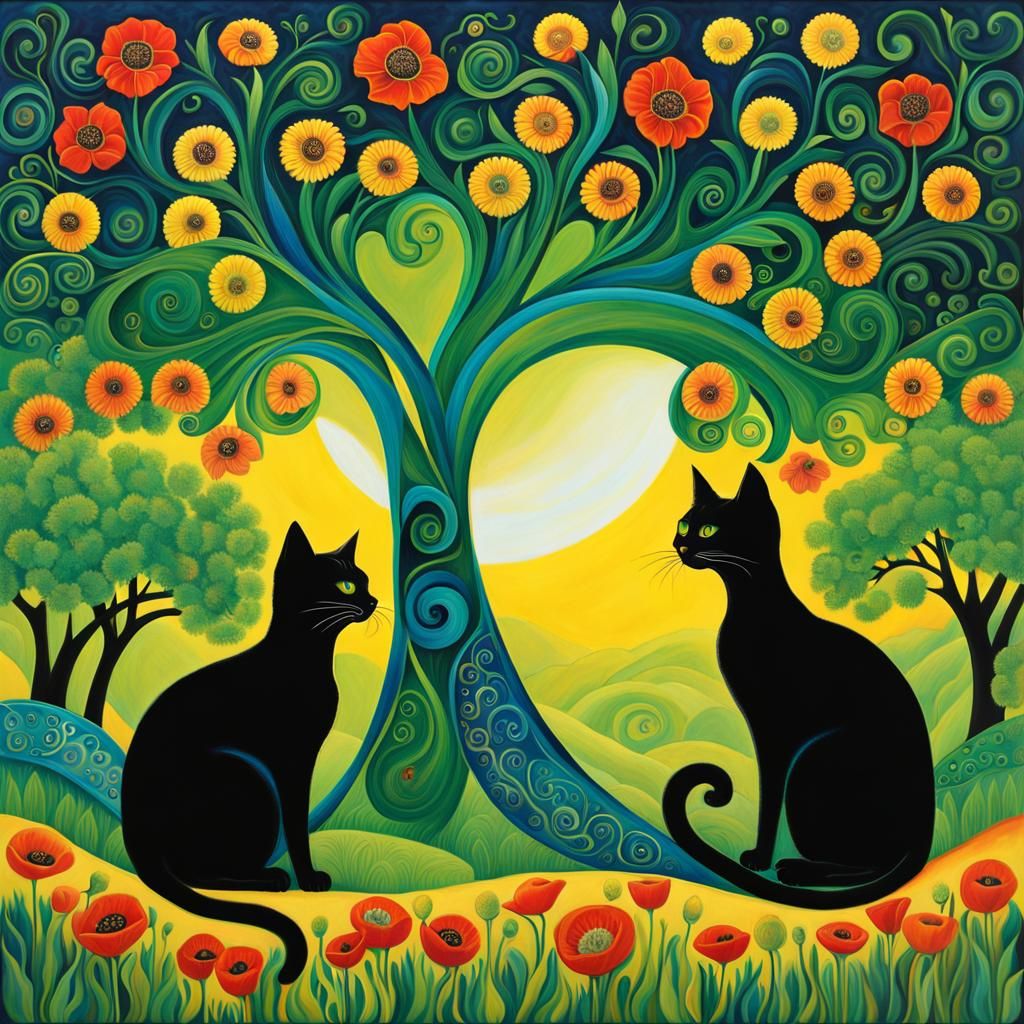 Mystical Feline Quartet in a Surreal Landscape