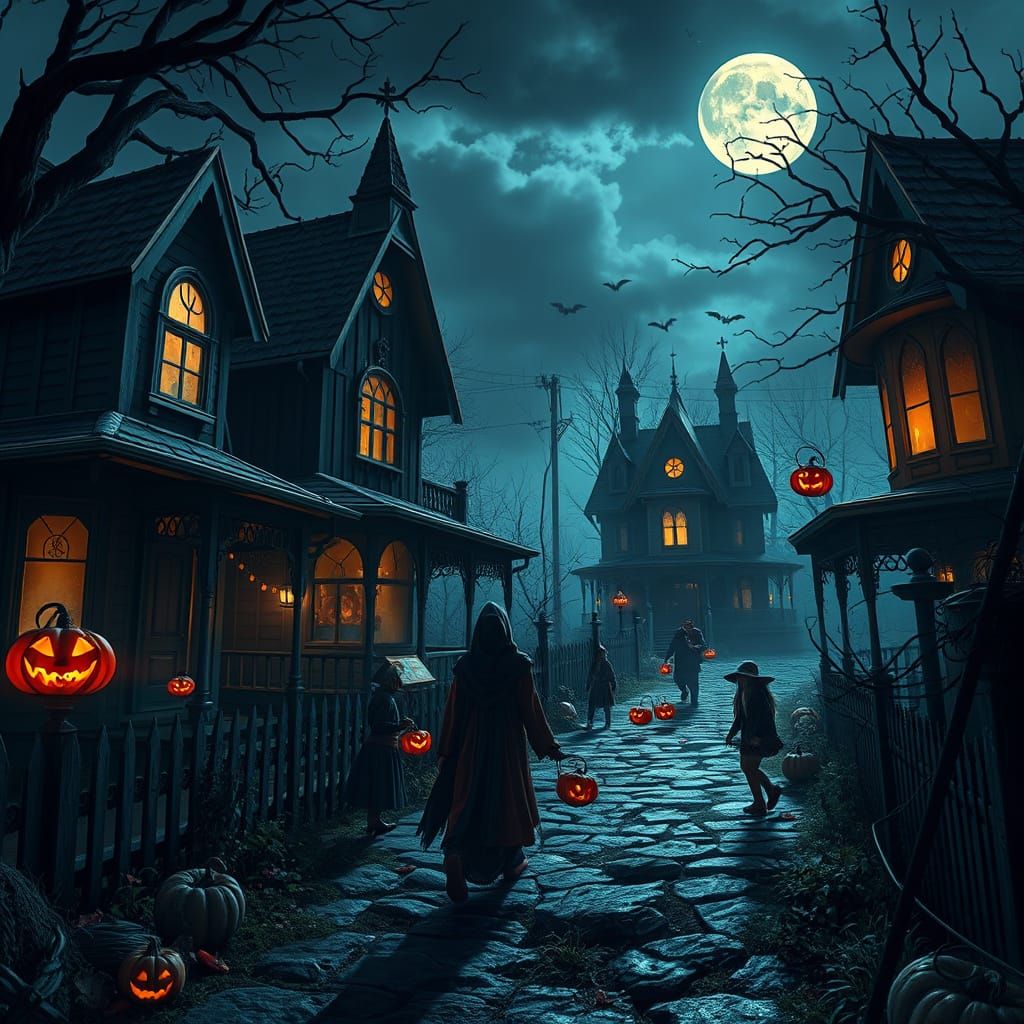 Spooky Halloween Night Haunted Houses and Costumes