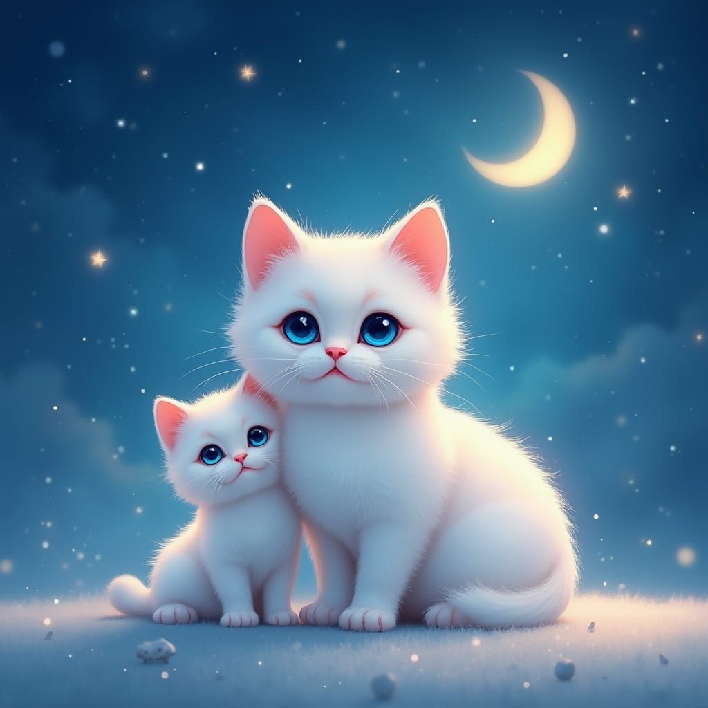 Cute Munchkin Cat and Kitten Under Starry Night Sky