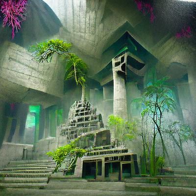 Jungle Temple Concept Art in Brutalist Style