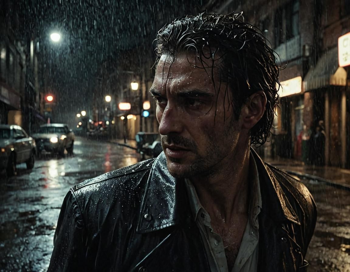 Gritty Noir: Man Runs Through Rain-Soaked City