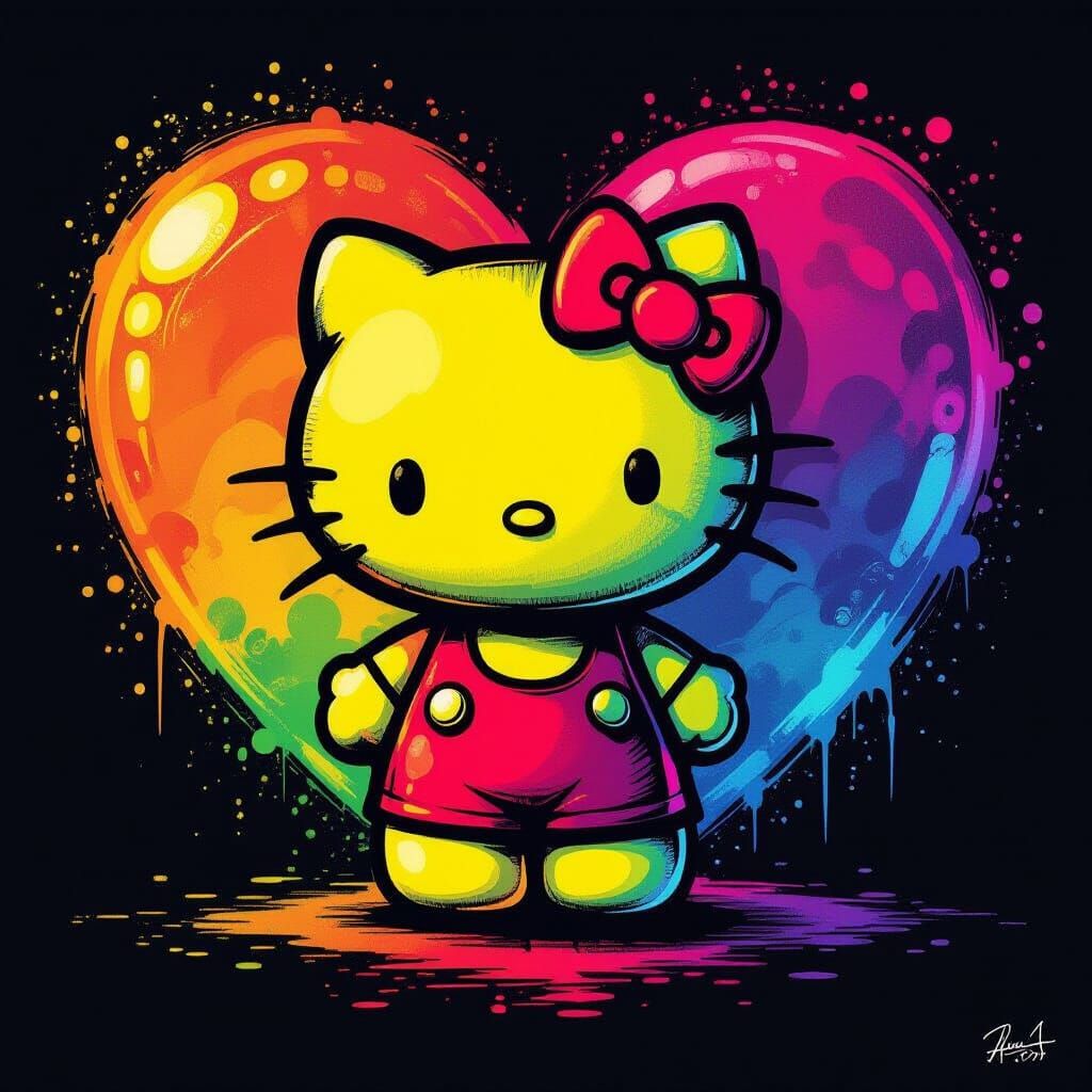 Neon Hello Kitty Double Exposure as Charcoal Art