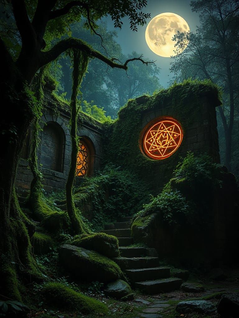 Magical Glowing Symbols on Ancient Ruin