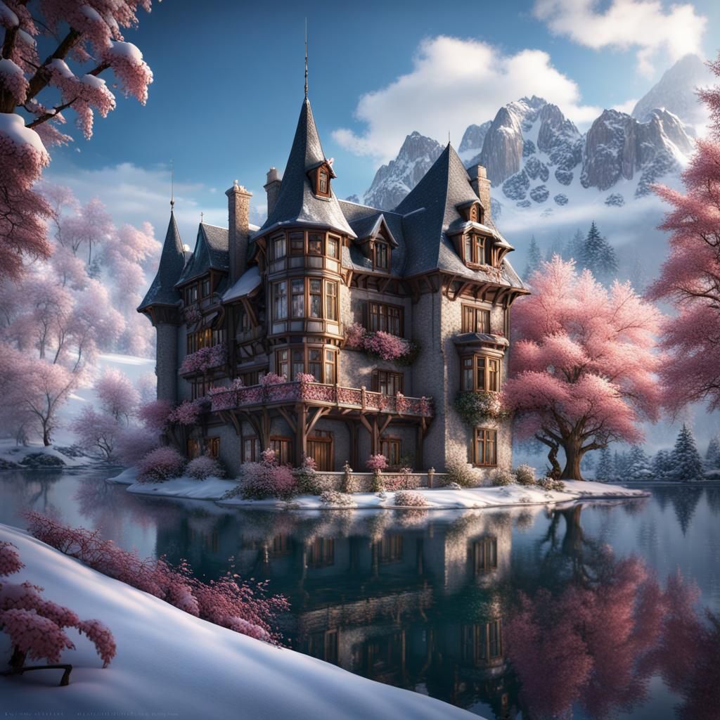 Ethereal Manor with Blossoming Cherry Trees and Snowflakes o...