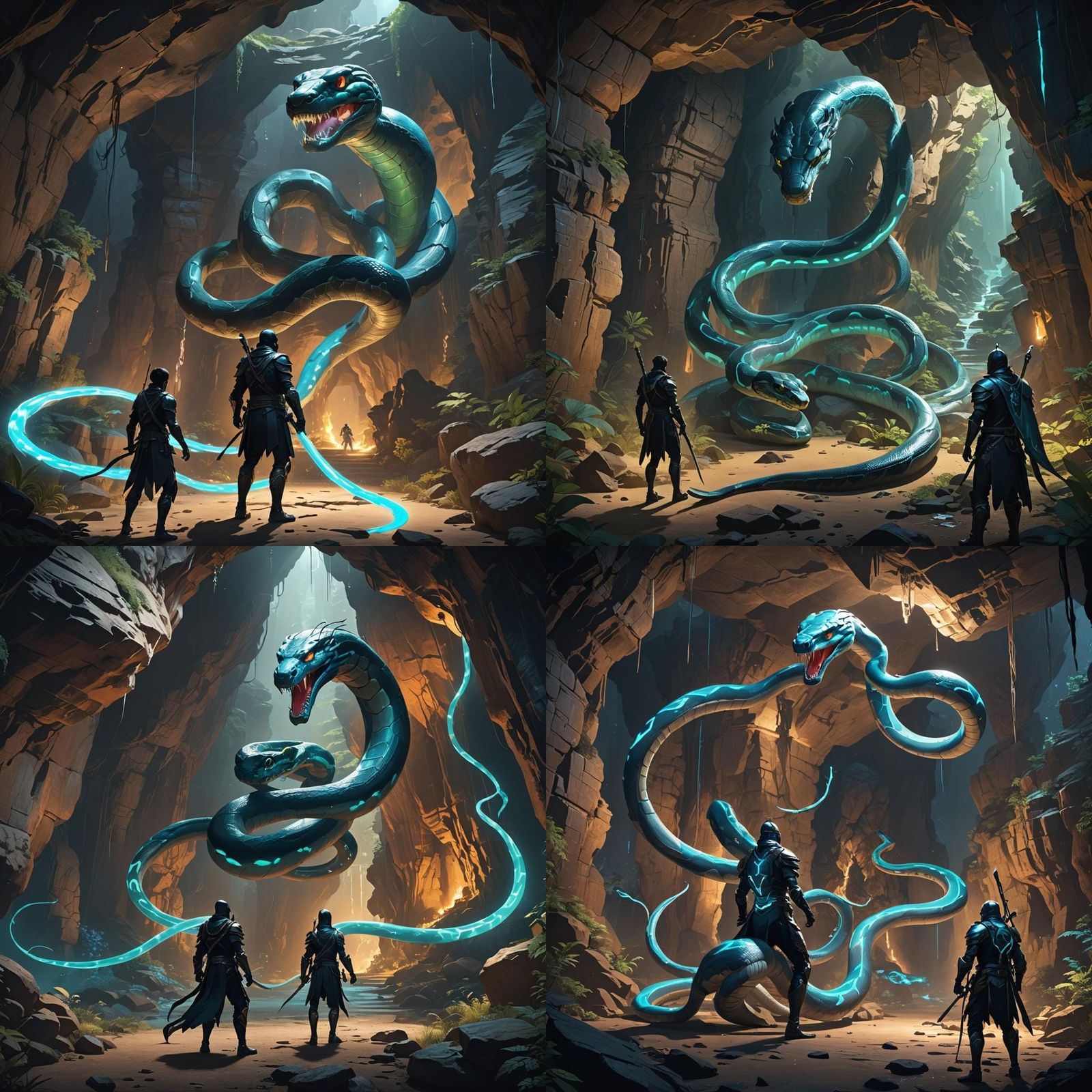 Bioluminescent Snake Stalks Knight: 3D Anime Art