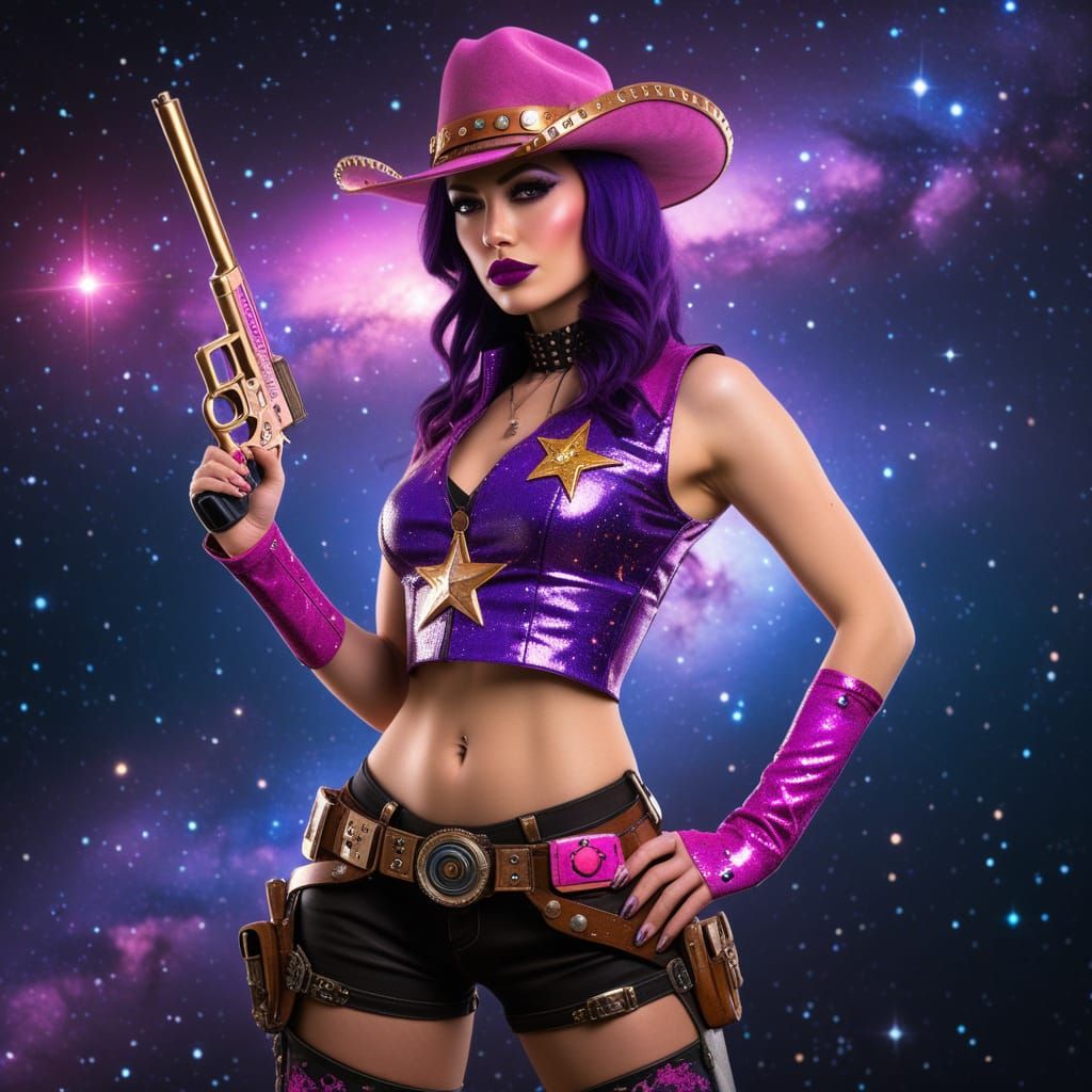 Glossy Purple Space Cowgirl in a Steampunk Saloon