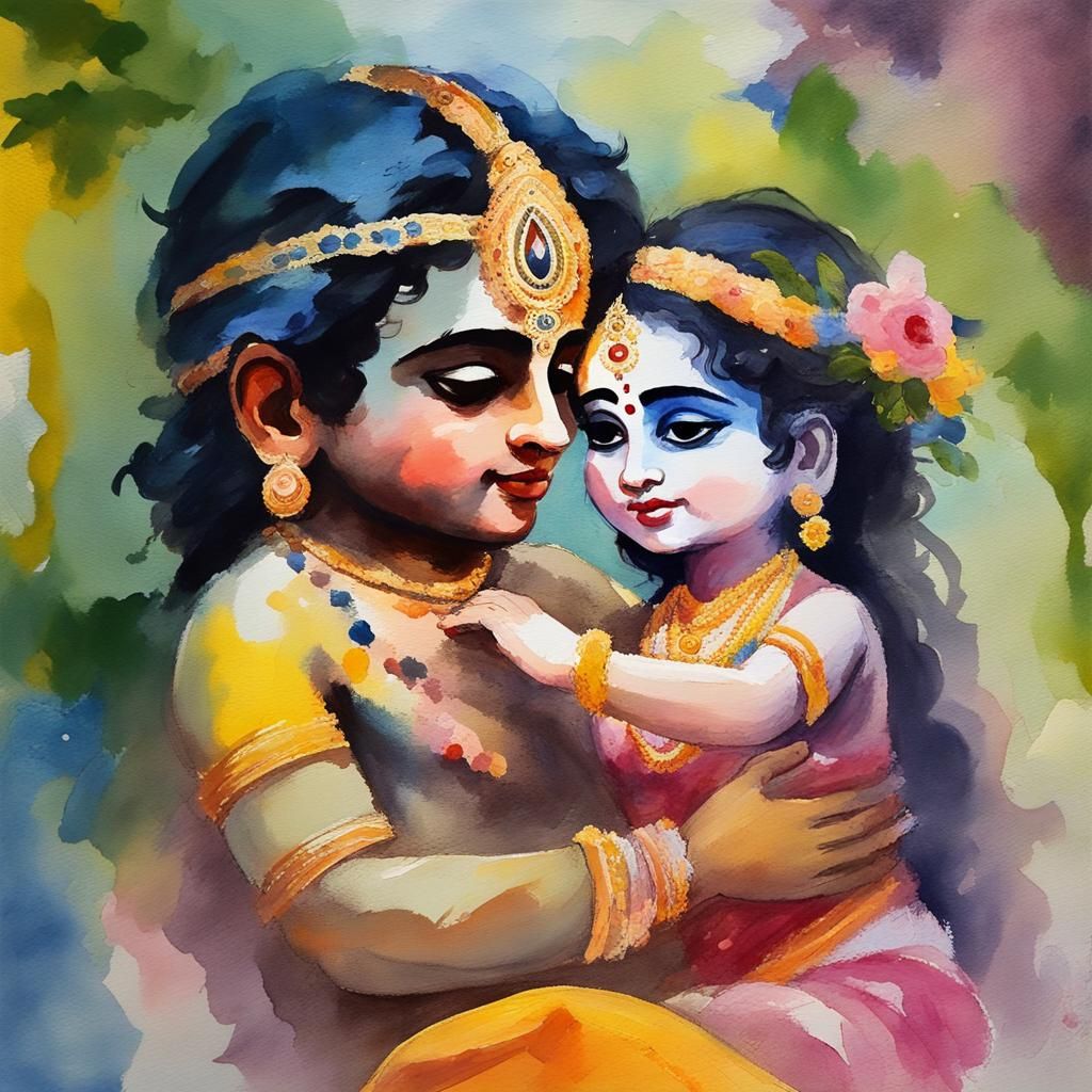 Baby Radha Krishna in Gouache Style