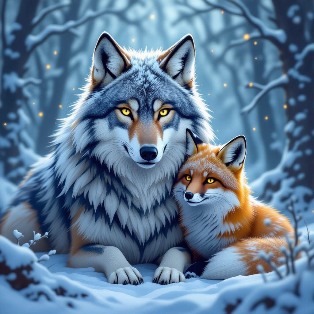Mystical Wolf-Fox Hybrid in Whimsical Forest