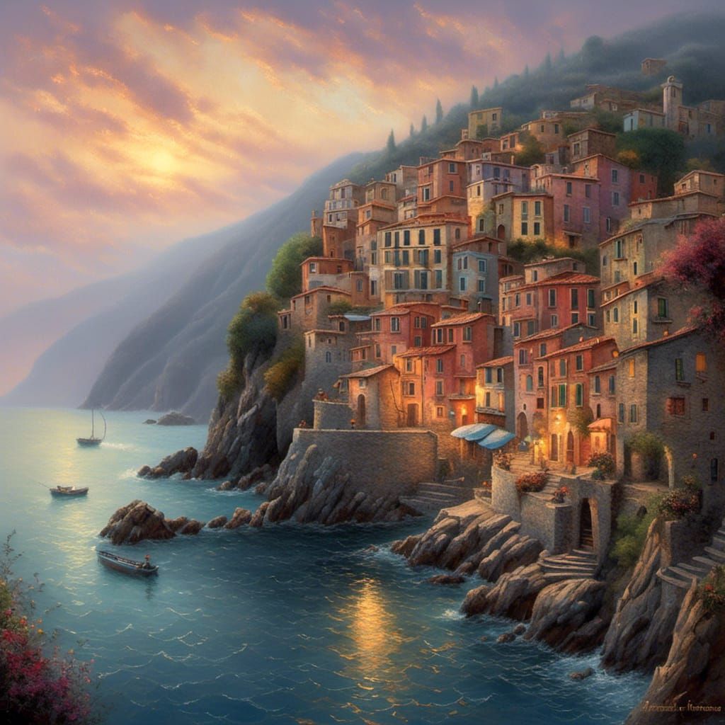 Cinque Terre at Dawn in Embroidered Style