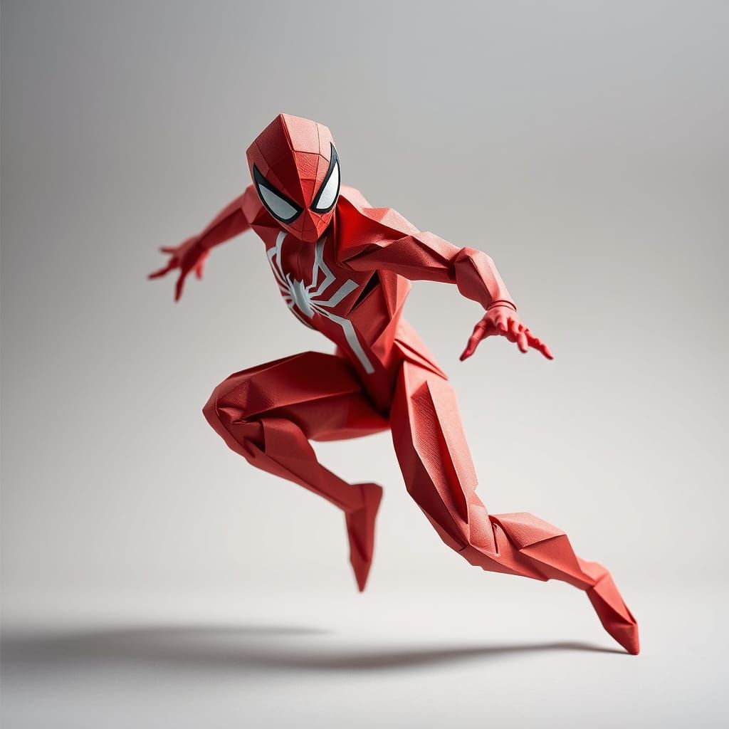 Intricately Folded Origami Spider Man in Dynamic Action Pose