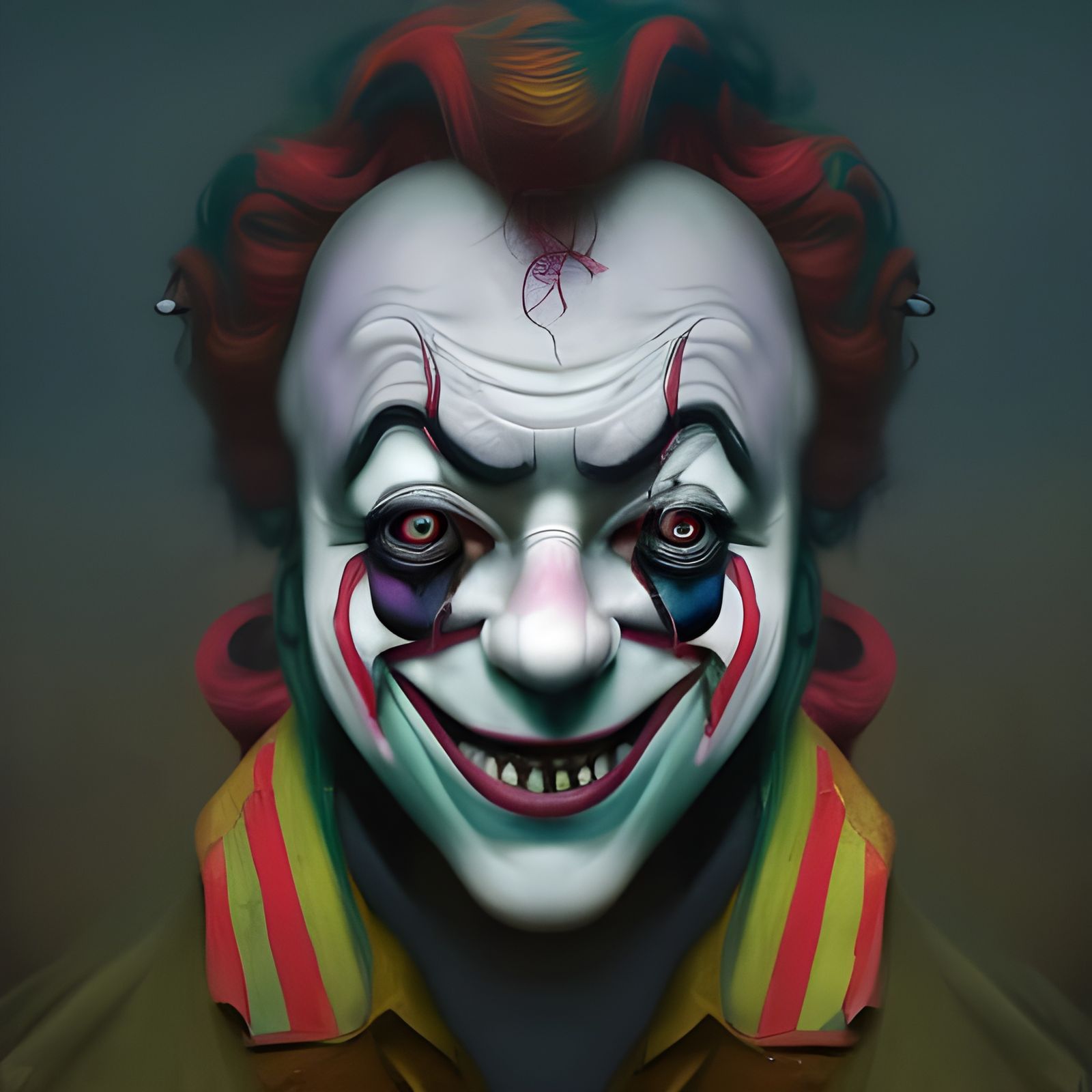 Sinister Clown Portrait in Abandoned Amusement Park