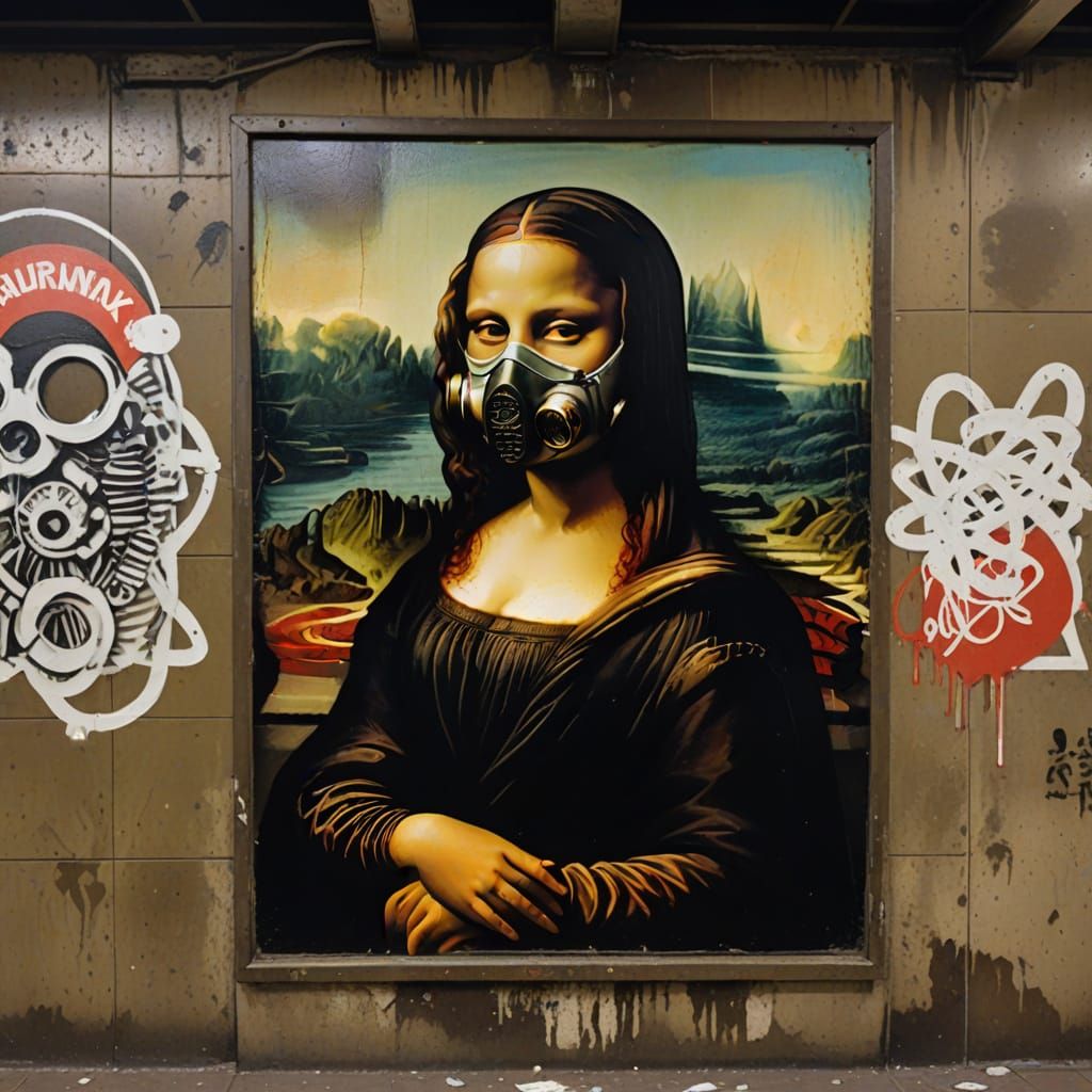 Mona Lisa Gas Mask Graffiti in Subway
