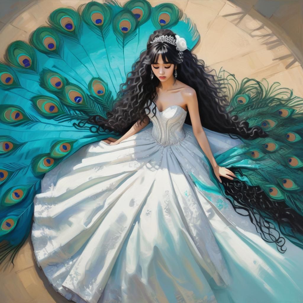 Turquoise Peacock Gown: Oil Painting with Fluid Movement