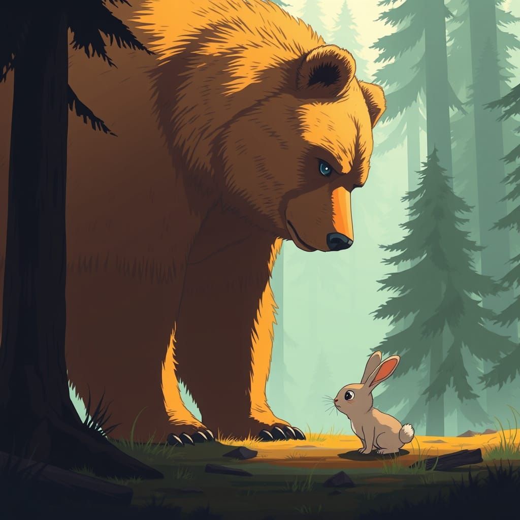 Majestic Grizzly Bear Stands in Forest Clearing with Curious...