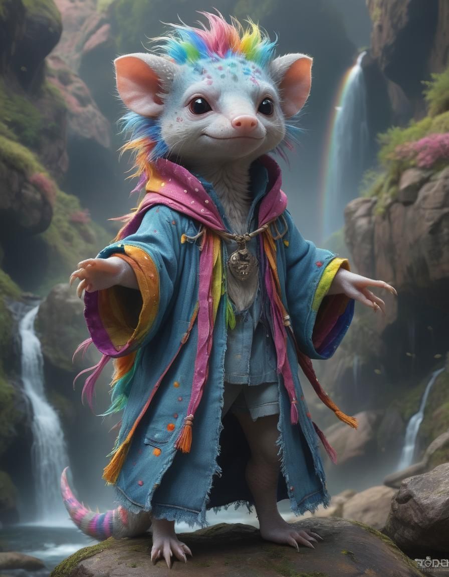 Anthropomorphic Axolotl Hyena Hybrid in Maximalist Style