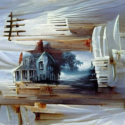 Haunted House with Picket Fence, Oil Painting