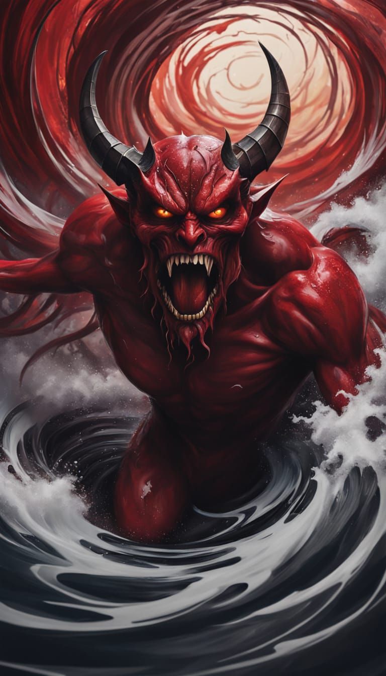Ominous Demon Emerges from Swirling Vortex in Oil Painting