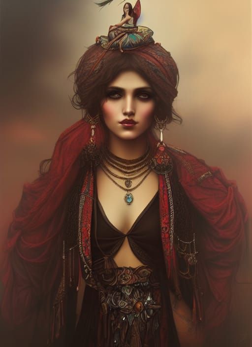 Beautiful Gypsy Woman Portrait in Mixed Media Style