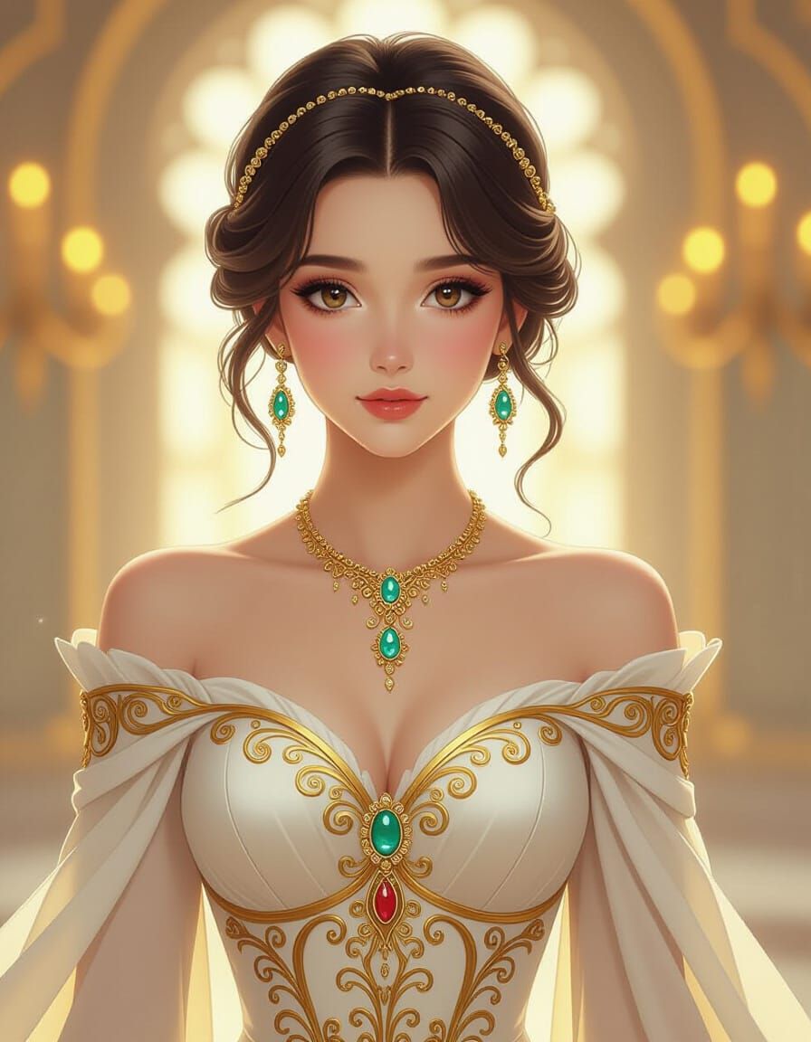 Elegant Woman in White Gown, Anime Fantasy Art