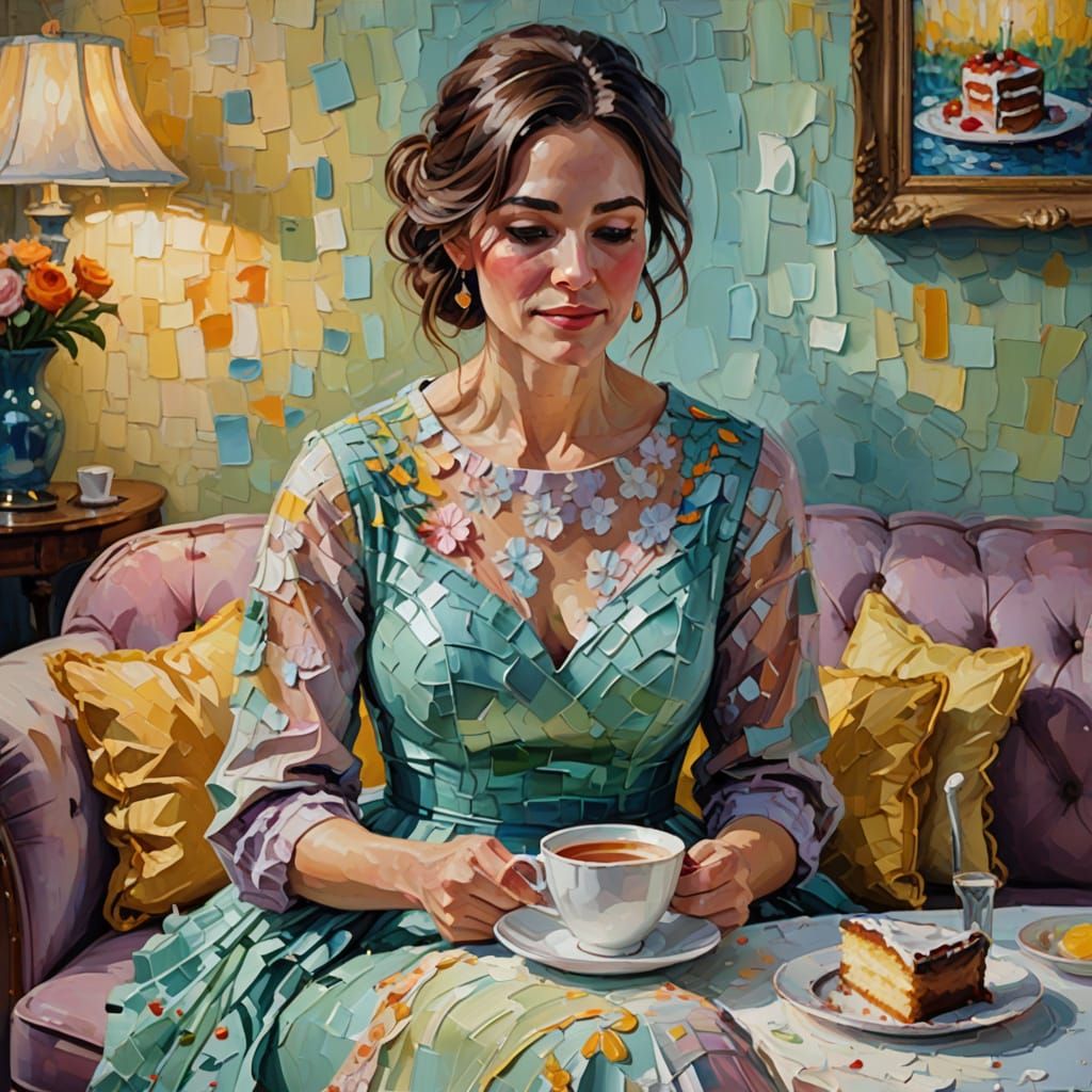 Woman Enjoys Tea and Cake in Cozy Corner