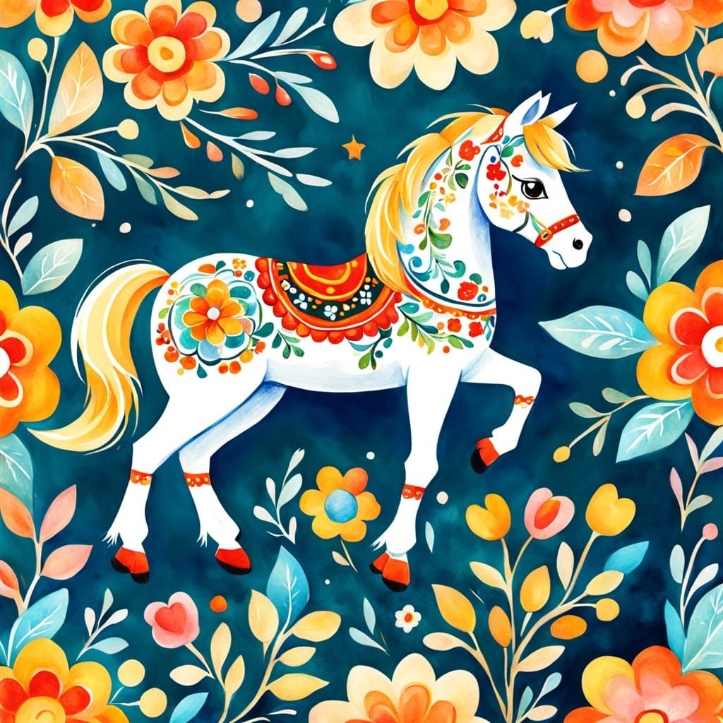 Whimsical Khokhloma-Inspired Horse Illustration