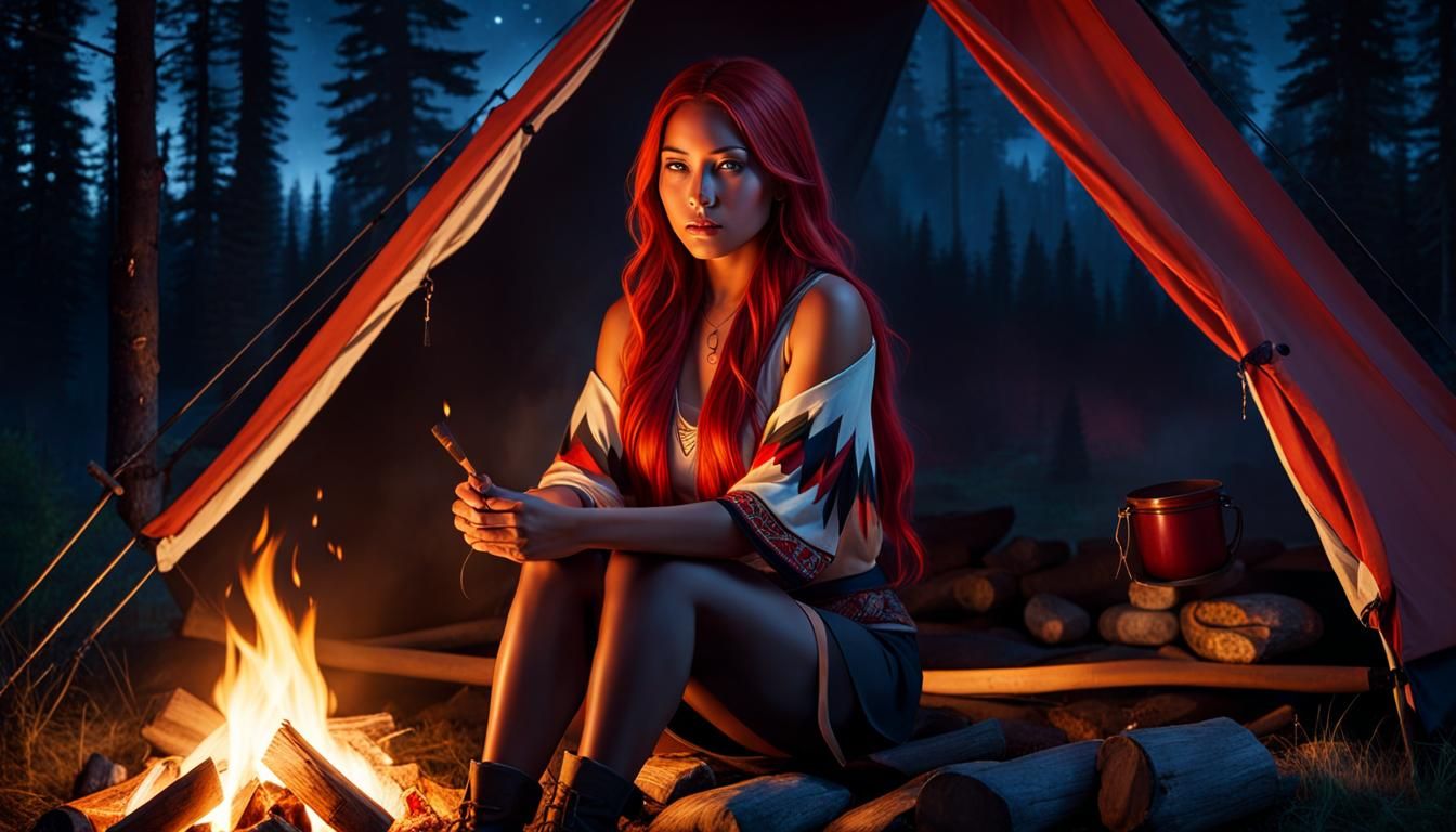 Indigenous Woman by Campfire at Night