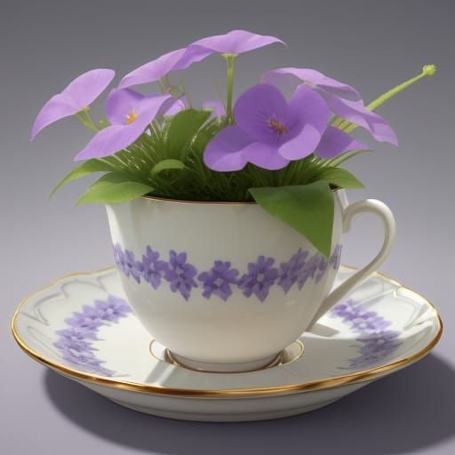 Violet Blooms in Radiant Tea Cup