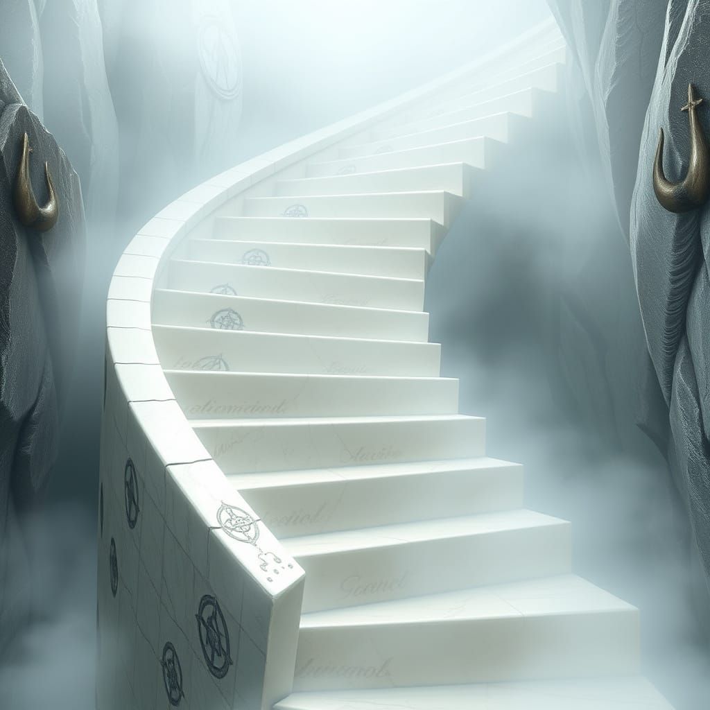 Mystical Ivory Staircase Ascends into Silvery Mist