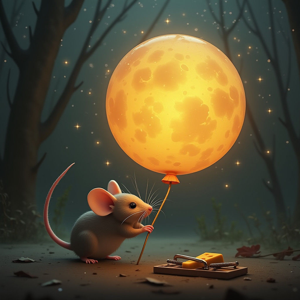 Mouse and Moon-Cheese Balloon: Dreamlike Digital Art
