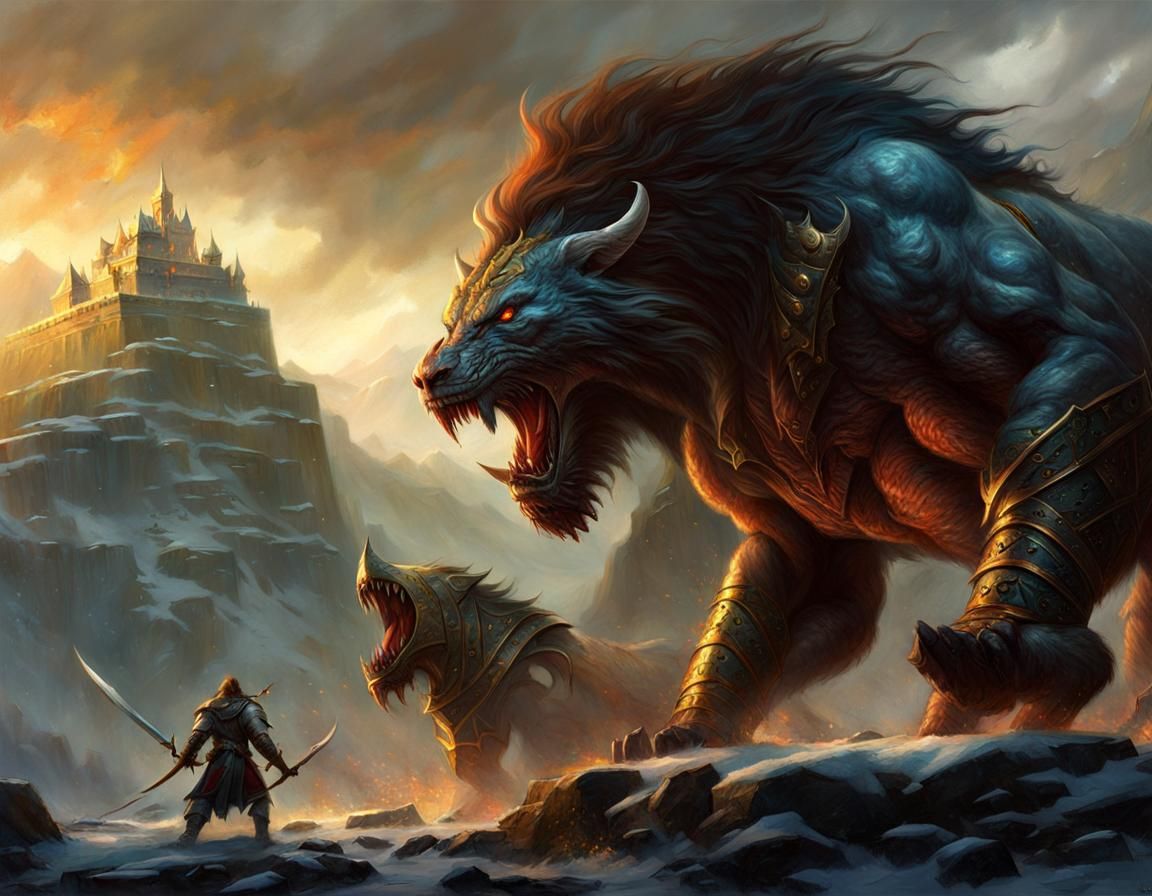 Epic Boss Battle in John Howe Style