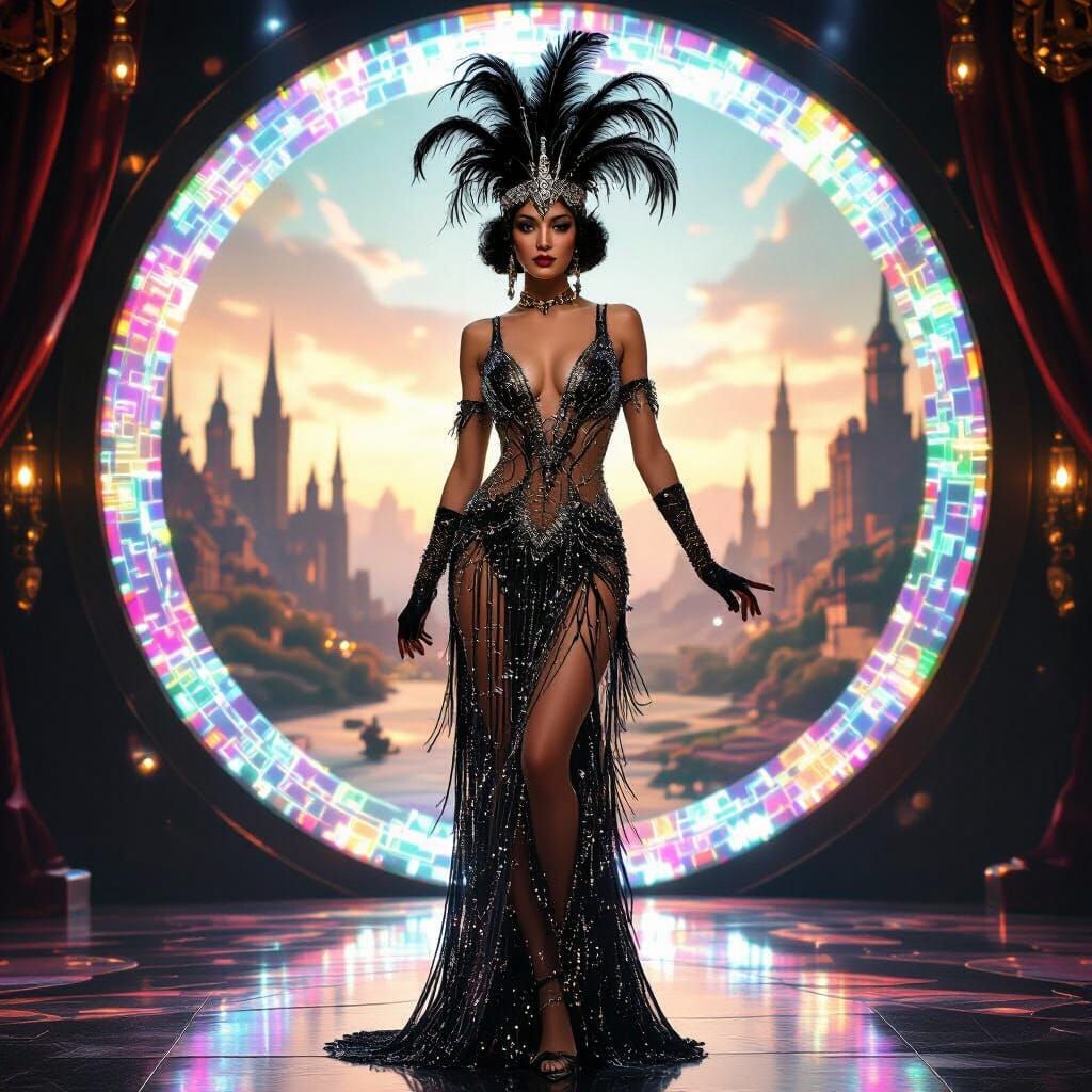 Glamorous Showgirl with Medieval Portal