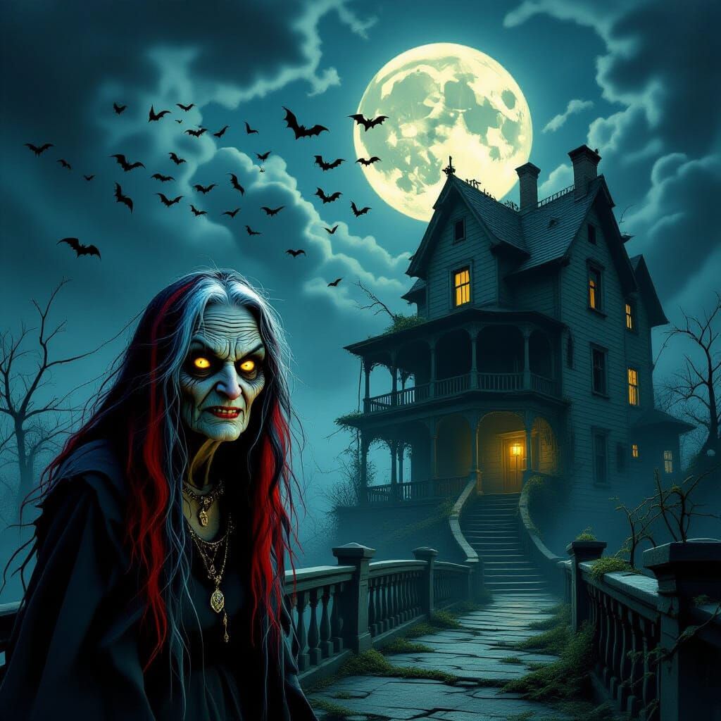 Haggard Witch Glaring from Overgrown House