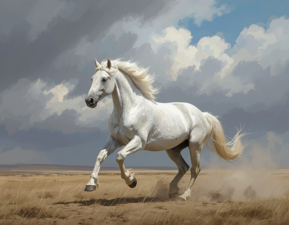 Majestic White Horse Gallops Across Windswept Plain