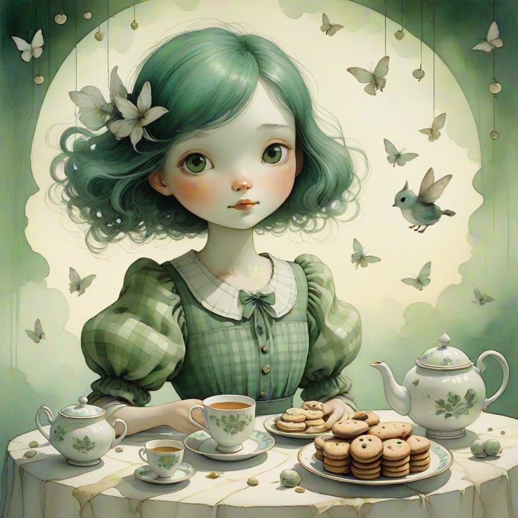 Whimsical Tea Party in the Sky: Watercolor Portrait