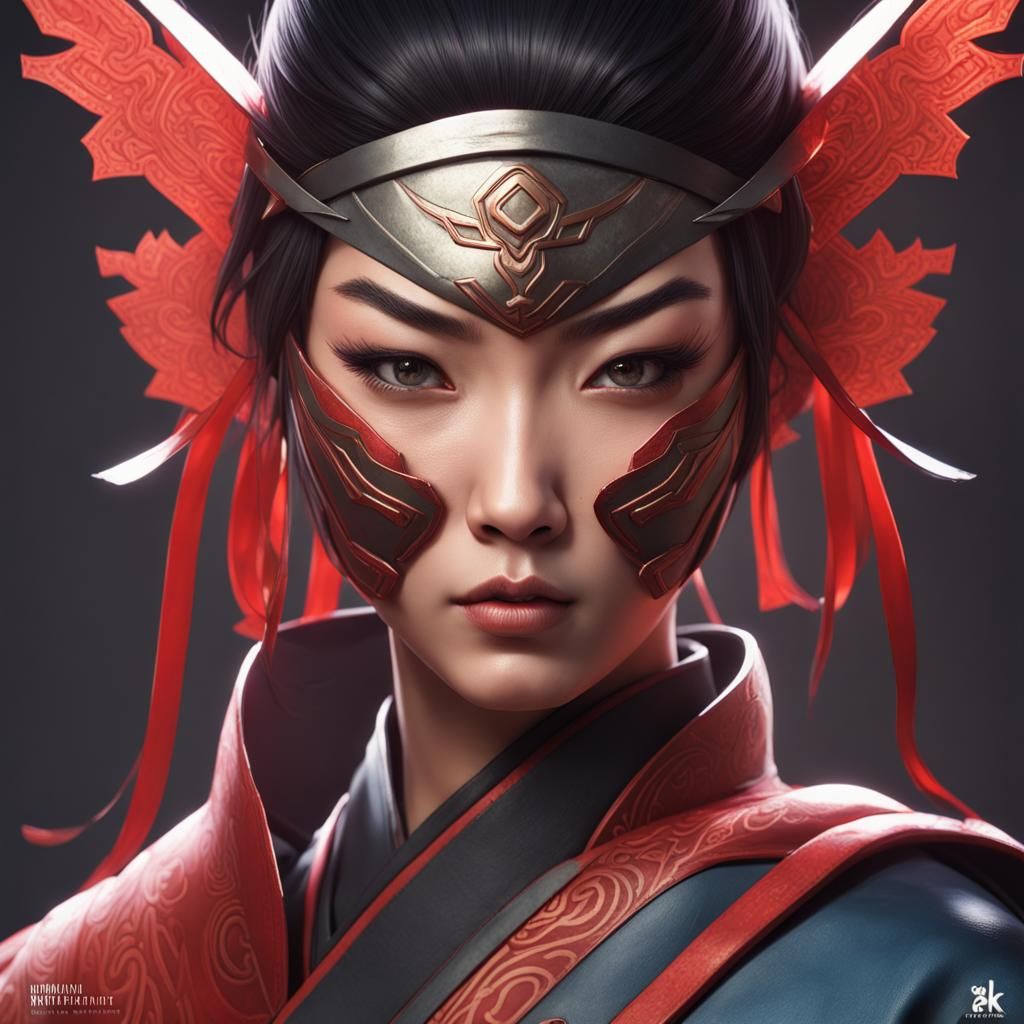 Asian Superhero in Kabuki Mask, Art Nouveau Style